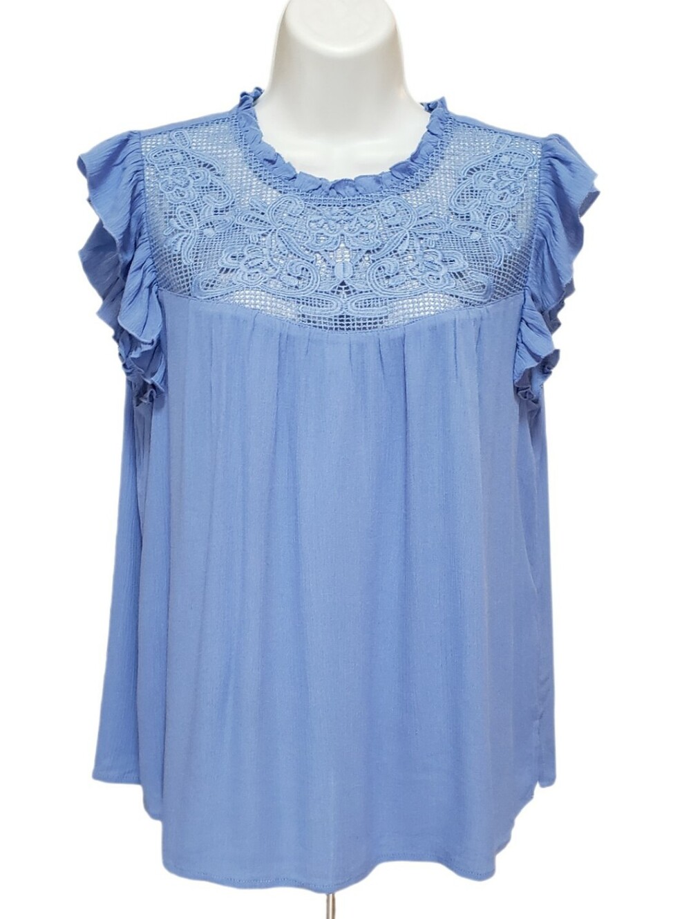 Democracy Ruffle Cap Sleeve Round Neck Die Cut Embroidered Yoke Woven Top Blue M